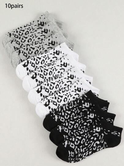 10 Pairs Women's Short Socks In Multiple Colors And Leopard Pattern, Suitable For All Seasons