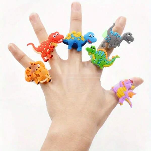 6-12 piezas Anillo de dinosaurio con diseño de dibujos animados, anillo de PVC, pulsera, regalo para fiesta, regalos creativos, recuerdos de fiesta (estilo y color al azar)