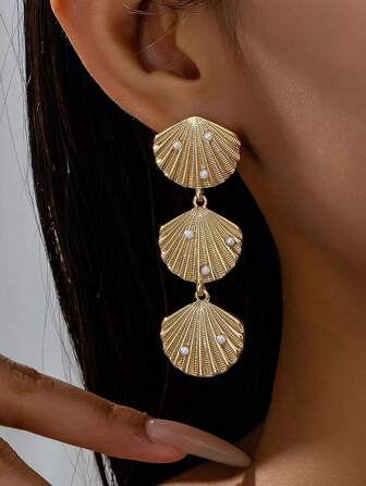 1 Pair Glamorous Fashionable Exaggerated Metal Long Shell Pearl Triple Pendant Women's Stud Earrings Jewelry - Beach Party Gift