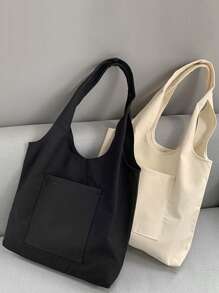 1件装新款韩版百搭手提帆布包大容量学生单肩包班级帆布包 - 純色雙口袋 - 查看 4