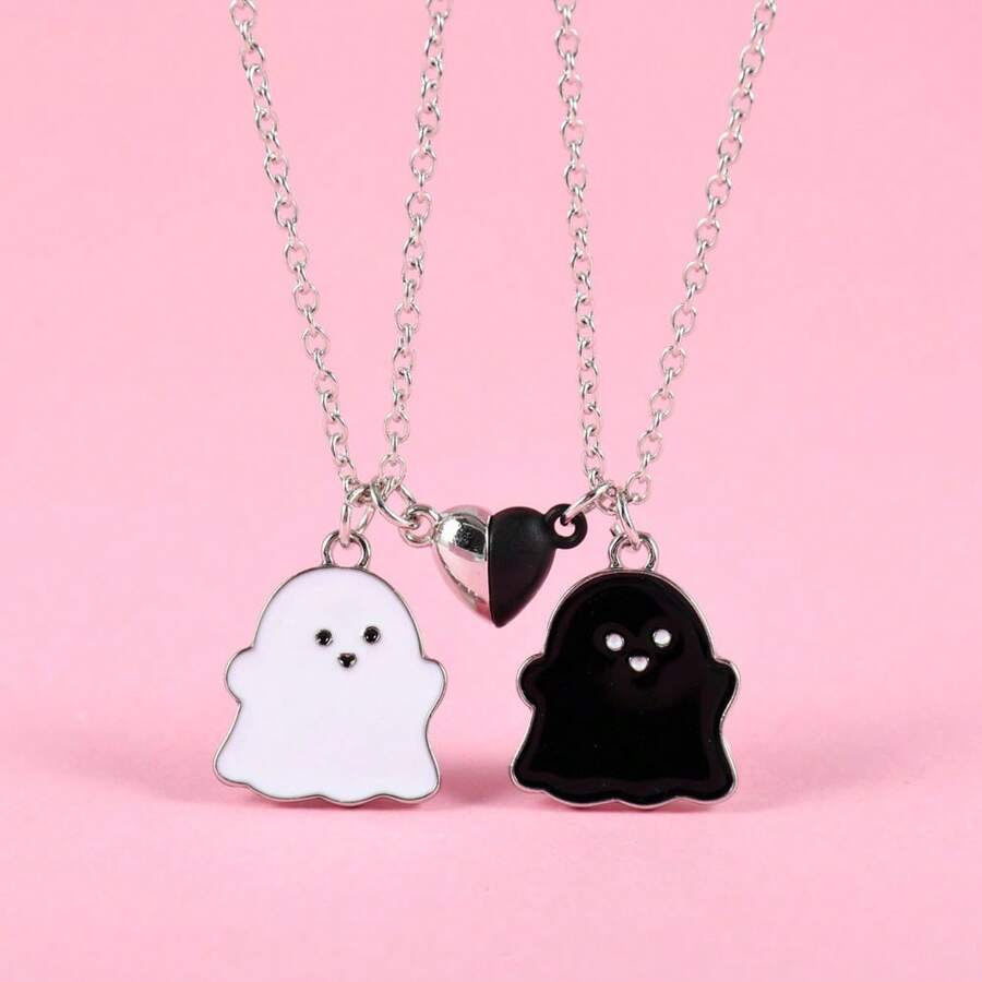 2Pcs/Set Cute Black And White Ghost Best Friend Necklace For Girls BFF Friendship Jewelry Gift