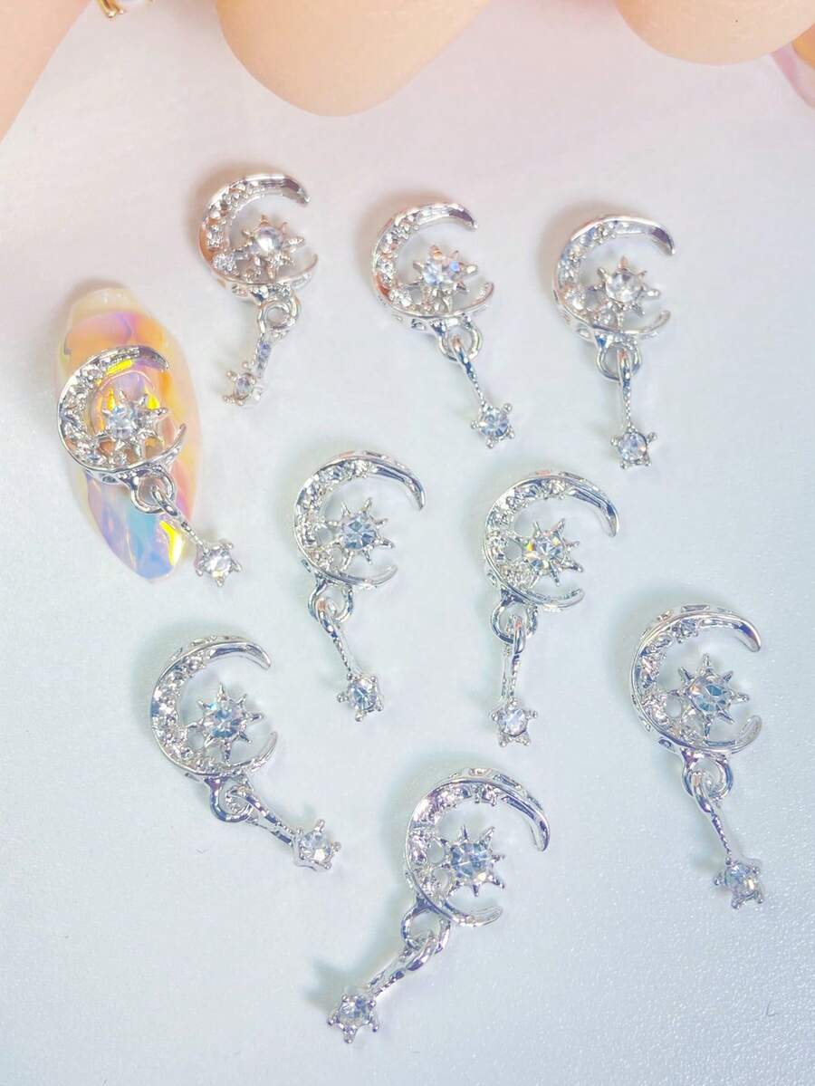 新款星月太阳魅力指甲吊坠，镀金/镀银 3D 星月流苏链首饰，适用于美甲和按压式指甲装饰，10 件/包 DIY 指甲饰品指甲宝石指甲用品 - 銀色 - 查看 1