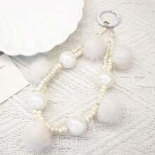New Jade Bead Pom-Pom Cellphone Strap Keychain - White - View 6
