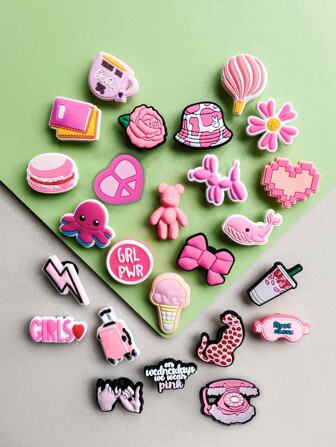 25 piezas de la serie mezcla de rosa, lazos, bolsas, pulpo, libros, globos aerostáticos, sombreros, adornos para decorar zuecos, chanclas de burbujas, sandalias, decoraciones de PVC para calzado, accesorios para bolsas de playa, regalo ideal para cumpleaños, Navidad, San Valentín, Halloween, fiestas, primavera, verano, playa o uso diario