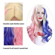Synthetic Fiber Long Wavy Hair Headgear With Middle Parted Bangs, Double Color Combination Of Pink And Blue, Perfect For Cosplay, Costume Party, Clown Dress-Up, Girlfriend Wig Headgear, Halloween - Multicolor - View 4