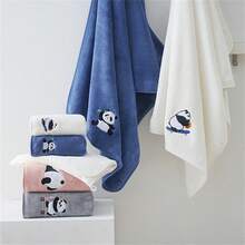 1入組加厚熊貓刺繡珊瑚絨超細纖維毛巾，高吸水性，柔軟，對皮膚友好，非常適合家用浴室洗臉、擦手、擦身體，並且能夠快速乾燥。完美的浴室配件。 - 藍色 - 查看 2
