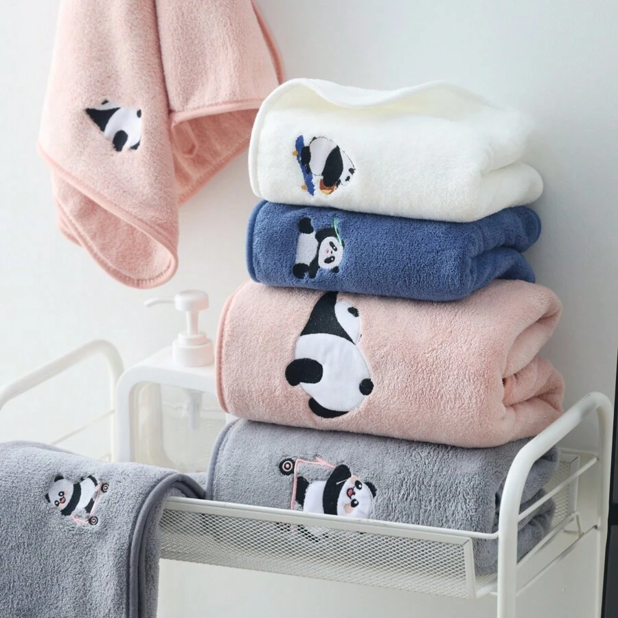 1入組加厚熊貓刺繡珊瑚絨超細纖維毛巾，高吸水性，柔軟，對皮膚友好，非常適合家用浴室洗臉、擦手、擦身體，並且能夠快速乾燥。完美的浴室配件。 - 藍色 - 查看 1