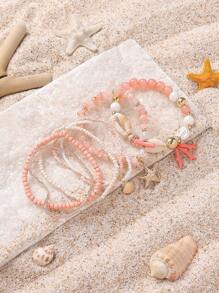 7pcs/Set Pink Series Girly Beach Vacation Style Shell, Starfish & Bead Elastic Bracelet Set, Suitable For Women's Vacation & Daily Wear (Handmade Beading, Bead Quantity And Sequence Position Random) - Pink - View 3