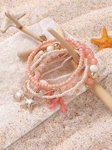 7pcs/Set Pink Series Girly Beach Vacation Style Shell, Starfish & Bead Elastic Bracelet Set, Suitable For Women's Vacation & Daily Wear (Handmade Beading, Bead Quantity And Sequence Position Random) - Pink - View 4