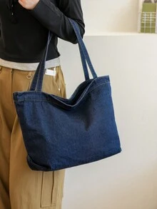 MOBAOFANG 1入藍色牛仔肩袋，休閒大容量手提袋，帶有學院風格，簡單多變的學生帆布袋，懶散購物袋 - 藏蓝色 - 查看 5