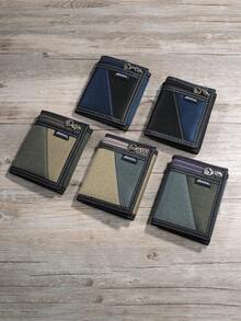 JEMINAL Men's Casual Tri-Fold Canvas Wallet With Anti-Theft Chain, Street Style Color Block Purse - Navy Blue - View 8