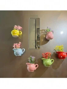 6入組迷你陶瓷花瓶磁鐵-3D花卉冰箱裝飾，強力吸附和獨特禮物 - 彩色 - 查看 1