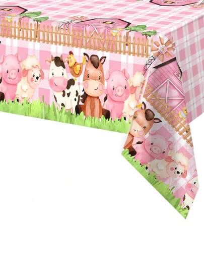 1 pieza Mantel rectangular de plástico desechable de 130*220cm con patrón de animales de granja rosa, camino de mesa, decoración perfecta para fiesta de cumpleaños de damas, mesa de comedor, decoración de mesa de fiesta de cumpleaños