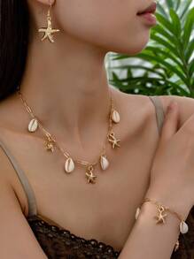 1 peça Colar de Estrela do Mar com Concha, 1 peça Pulseira de Estrela do Mar com Concha, 1 par de Brincos de Estrela do Mar, Conjunto de Joias Estilo Oceânico para o Uso Durante as Férias das Mulheres