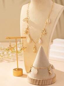 1 peça Colar de Estrela do Mar com Concha, 1 peça Pulseira de Estrela do Mar com Concha, 1 par de Brincos de Estrela do Mar, Conjunto de Joias Estilo Oceânico para o Uso Durante as Férias das Mulheres