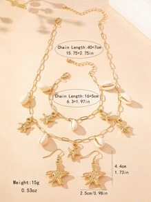1 peça Colar de Estrela do Mar com Concha, 1 peça Pulseira de Estrela do Mar com Concha, 1 par de Brincos de Estrela do Mar, Conjunto de Joias Estilo Oceânico para o Uso Durante as Férias das Mulheres