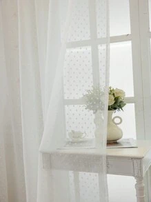 1 pieza Cortina translúcida con diseño floral 3D de estilo francés con lunares, versátil para dormitorio, sala de estar, balcón, ventana de estudio, disponible en varios colores - Blanco - Ver 8