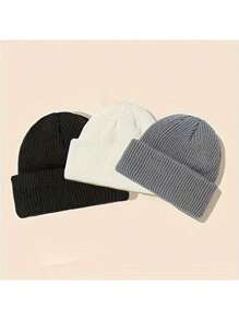 3 cái/bộ Unisex Mũ len Beanie Ngư dân cổ điển màu trơn Mũ len co giãn Mũ len có cổ tay cho nữ mùa đông thu - bộ ba mảnh - Xem 8