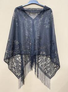 1 pieza Elegante Poncho primavera/verano de encaje de unicolor, chal protector solar con múltiples opciones de uso para mujeres