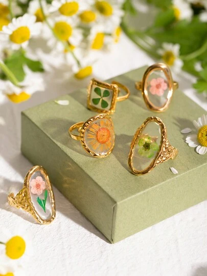 Uworld 1 pieza Anillo de flores eternas redondas en acero inoxidable chapado en oro de 18k con girasol naranja, flores secas de ciruelo verde, rosa y blanco, adecuado para uso diario de mujeres