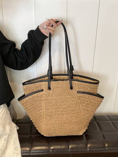 Large Capacity Holiday Beach Bag, Woven Wing Tote Bag With Multiple Pockets, Casual Shoulder Bag For Traveling, Vacation, Beach, Ideal Gift For Women
