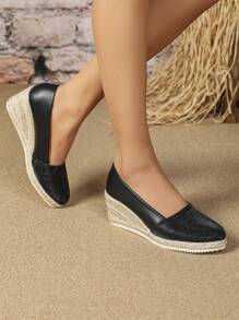 Zapatos de mujer con tacón de cuña 2025, Nuevos, de punta redonda, tejido de paja, estilo europeo de tacón alto de lino, diseño de moda casual y cómodo para vacaciones - Negro - Ver 4