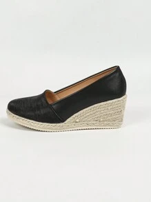 Zapatos de mujer con tacón de cuña 2025, Nuevos, de punta redonda, tejido de paja, estilo europeo de tacón alto de lino, diseño de moda casual y cómodo para vacaciones - Negro - Ver 7