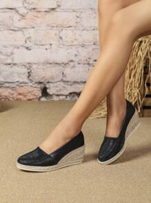 Zapatos de mujer con tacón de cuña 2025, Nuevos, de punta redonda, tejido de paja, estilo europeo de tacón alto de lino, diseño de moda casual y cómodo para vacaciones - Negro - Ver 5