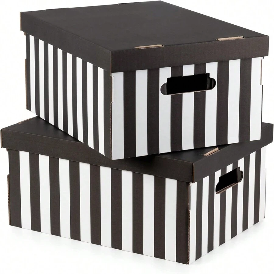 Compactor Cardboard Storage Boxes With Lids, Decorative Home, Office And Wardrobe Organiser Boxes, Flat-Packed Storage And Gift Box With Handles, Black/White Stripes, Pack Of 2 - Black and White - View 1