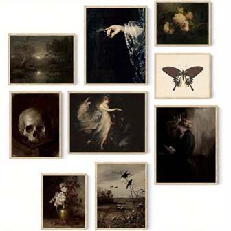 9pcs Frameless Dark Academia Room Decor Wall Art Prints Vintage Aesthetic Goth Victorian Ladies Floral Antique Gallery Wall Decor For Home Living Room Bedroom 8*10inch,Canvas,Poster Gifts Birthday Graduation Home Decor Halloween Decor Fall Decor