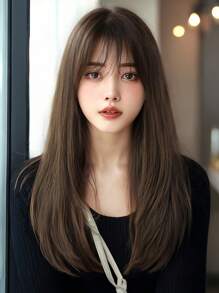 24英寸長直頭髮假髮，帶劉海人造假髮、耐高溫，適用於女士及女孩日常使用 - 黑棕色 - 查看 2