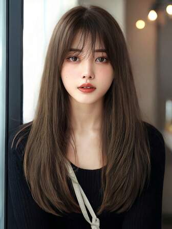 24英寸長直頭髮假髮，帶劉海人造假髮、耐高溫，適用於女士及女孩日常使用