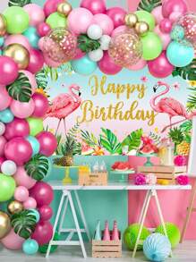 1套夏威夷主題氣球乳膠串拱套裝及背景橫幅，夏威夷火烈鳥主題夏日嘉年華派對海灘裝飾，生日派對背景裝飾婚禮派對用品