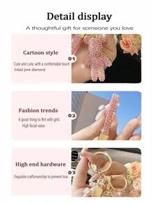 Fashionable Unisex Bear Shaped Keychain, Full Of Diamond, Pink/Orange/White, Fine And High-End Women's Car Key Chain Pendant, Popular Backpack Decoration, Fashionable Ornament For Car Keys, Diamond Inlaid Bag Pendant, Cute And Exquisite Universal Fitting - Pink - View 5