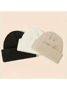 3 cái/bộ Unisex Mũ len Beanie Ngư dân cổ điển màu trơn Mũ len co giãn Mũ len có cổ tay cho nữ mùa đông thu - bộ ba mảnh - Xem 5