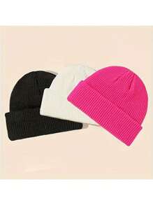 3 cái/bộ Unisex Mũ len Beanie Ngư dân cổ điển màu trơn Mũ len co giãn Mũ len có cổ tay cho nữ mùa đông thu - bộ ba mảnh - Xem 4