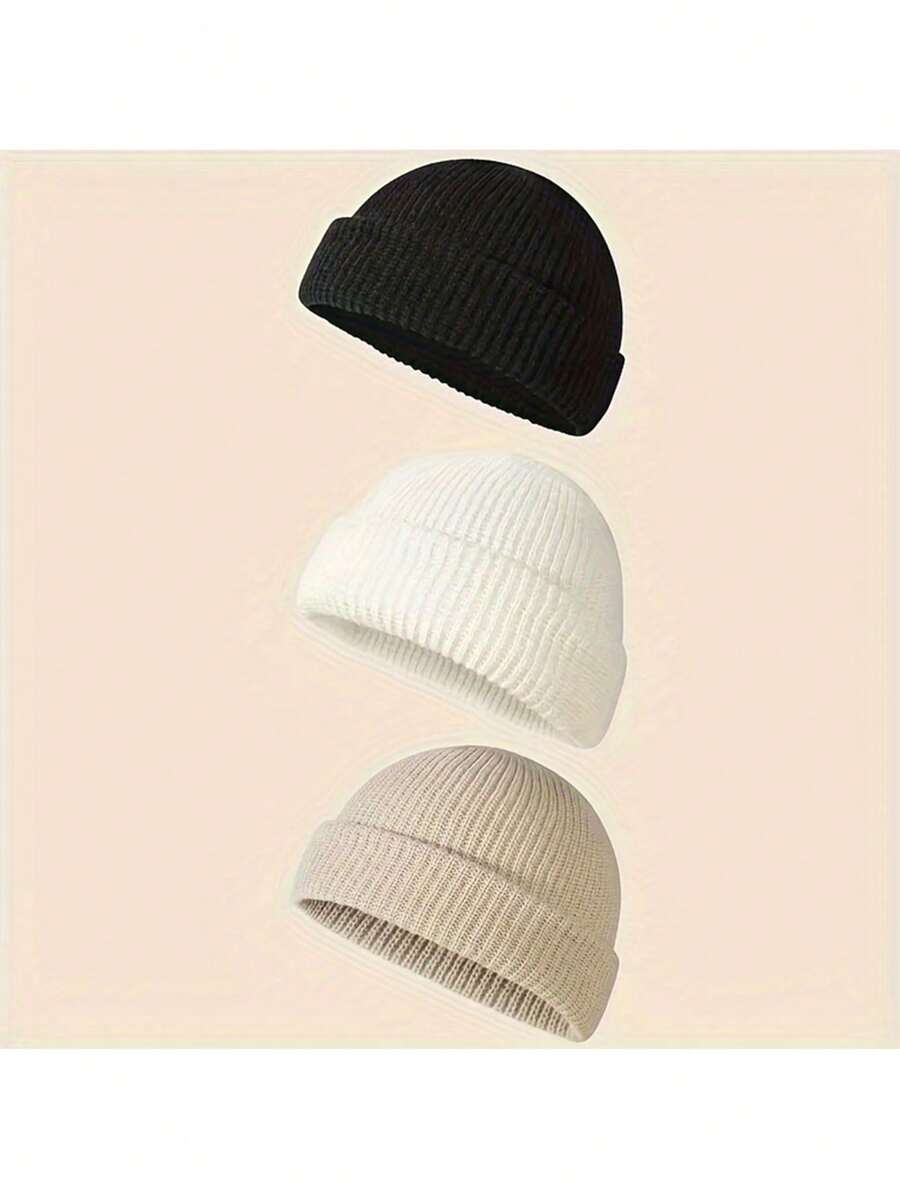 3 cái/bộ Unisex Mũ len Beanie Ngư dân cổ điển màu trơn Mũ len co giãn Mũ len có cổ tay cho nữ mùa đông thu - bộ ba mảnh - Xem 1