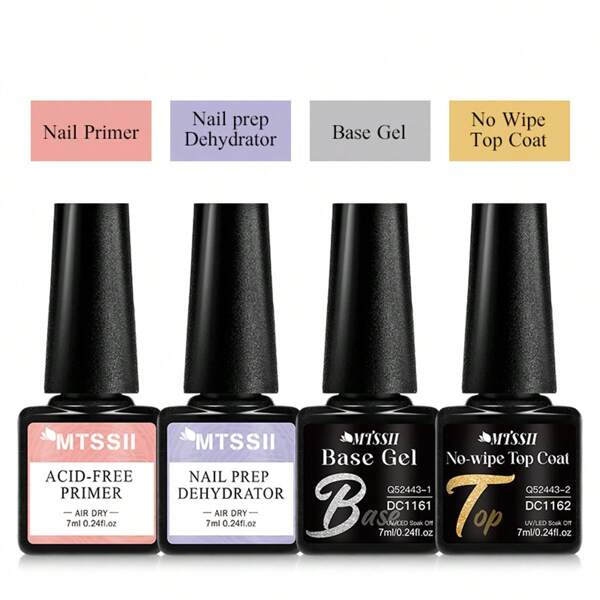 Juego completo de cuidado de uñas de 4 piezas - Preparador de uñas, Imprimación sin ácido, Gel base y cobertura superior para unas uñas talla grande saludables y esmalte duradero