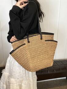 Large Capacity Holiday Beach Bag, Woven Wing Tote Bag With Multiple Pockets, Casual Shoulder Bag For Traveling, Vacation, Beach, Ideal Gift For Women