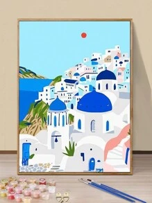 6pcs/Set Frameless Digital Oil Painting 25x35cm With Paints And Brushes, DIY Acrylic Paint Set For Beach Castle Easy Painting, Art And Crafts For Home Room Decoration, Best Stress Relief Gift, Suitable For Beginner Adults