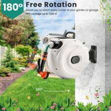 Garden Hose Reel Wall Mount, 1/2 Inch X 30m + 2m Retractable Hose Reel With 8 Pattern Hose Nozzle, 180˚ Swivel Bracket, 1/4 Inch NPT Fittings, Lockable Water Hose Reel, Easy Assembly, Green Hose - 白色 - 查看 3