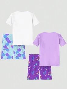 Tween Girl 4pcs Mermaid Short Sleeve And Shorts Pajama Set - Multicolor - View 2