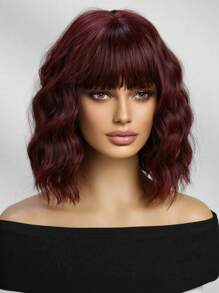 Wine Red 14inch Bob Wigs For Women Curly Wavy Wigs With Bangs Short Heat Resistant Synthetic Wigs For Party Costume Daily Wear Music Festival Colorful Wigs - Màu Đỏ Sâu - Xem 3