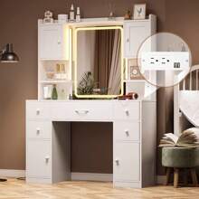 Vanity Table With Storage Drawers, Makeup Desk With Charging Station And LED Lighted Mirror, White