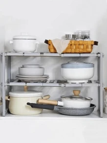 1pc 2-Layer 10-Plate Multi-Functional Kitchen Sink Storage Rack, Retractable Floor-Standing Pot Rack, Free Adjusting Shelf For Storing Various Kitchen Utensils,Storage,Kitchen Organiser,Kitchen Items,Room Decor,Home Decor. - Multicolor - View 3