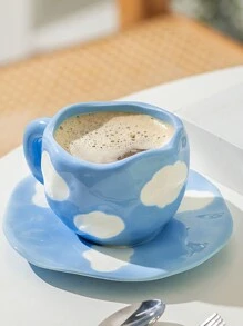 1pc Cloud Pattern Cup And 1pc Saucer, Creative Blue Porcelain Coffee Cup For Home - Blue - View 10