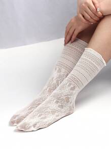 2 Pairs Women's Mid-Calf Socks With Ruffle Trim, Floral Lace, And Hollow Out Design, Fall Socks - White - View 4