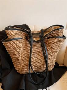 Large Capacity Holiday Beach Bag, Woven Wing Tote Bag With Multiple Pockets, Casual Shoulder Bag For Traveling, Vacation, Beach, Ideal Gift For Women