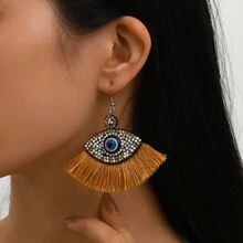 2pcs Bohemian  Earrings, Velvet Eye-Shaped Earrings With Tassels And Rhinestone Decoration, Suitable For Women And Girls