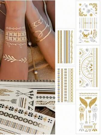 5 Blätter Gold Spitzen Tattoo Aufkleber, wasserfeste temporäre Tattoo Aufkleber, cooles Boho elegantes Urlaubs Party Fake Tattoos